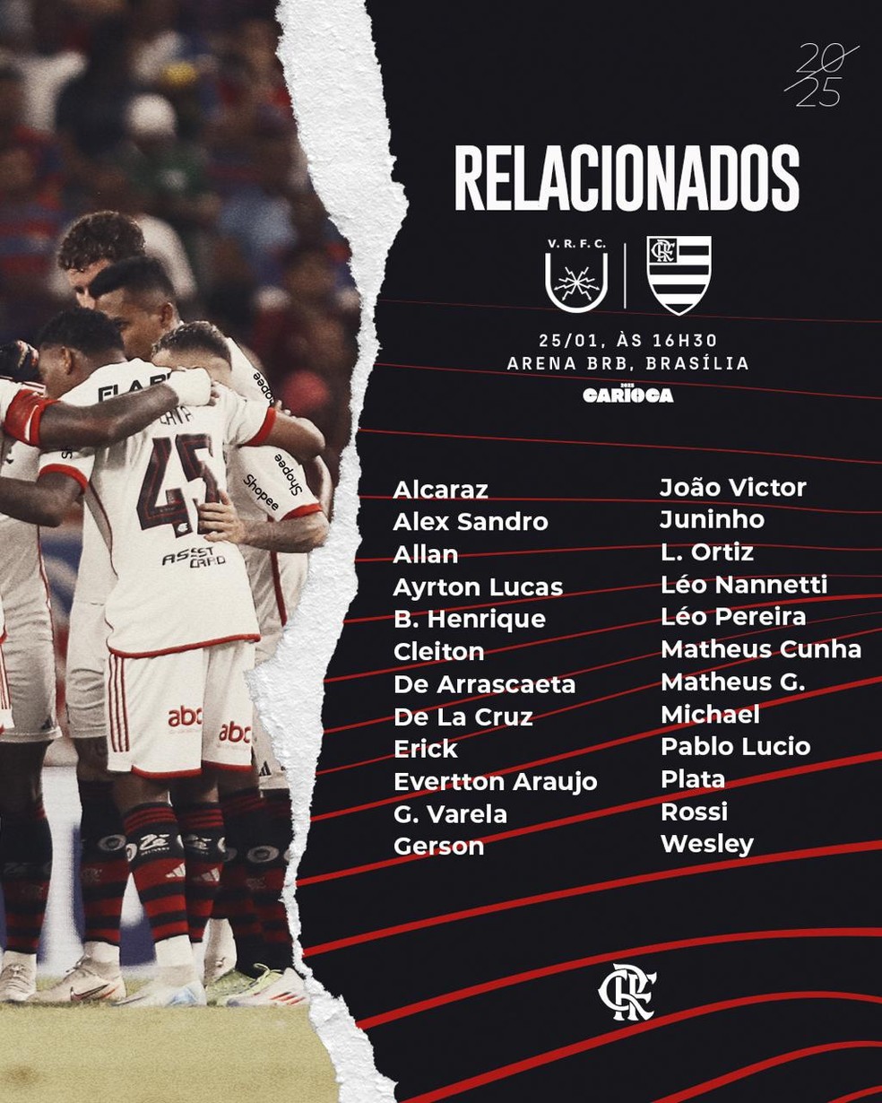 Lista de relacionados do Flamengo para o confronto contra o Volta Redonda — Foto: Divulgação