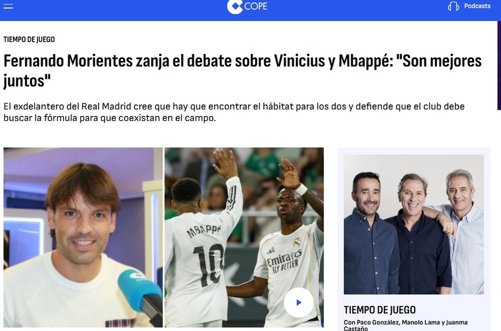 Ex-atacante do Real Madrid, Fernando Morientes, disse ao portal Cope que Vinícius e Mbappé jogam melhores juntos — Foto: Reprodução