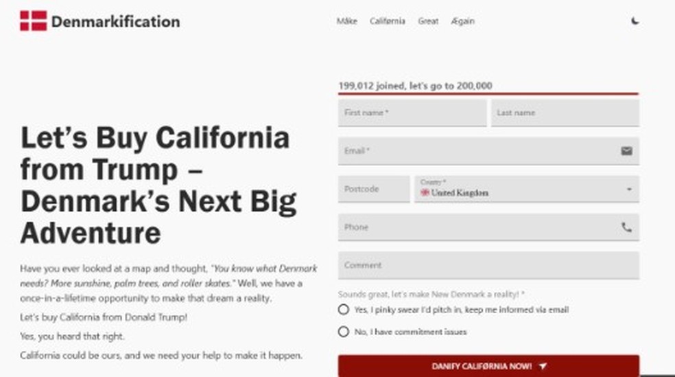 Campanha dinamarquesa pela compra da Califórnia — Foto: Reprodução/X
