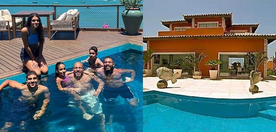 Adriano com os filhos e amigos na piscina de sua mansão em Búzios