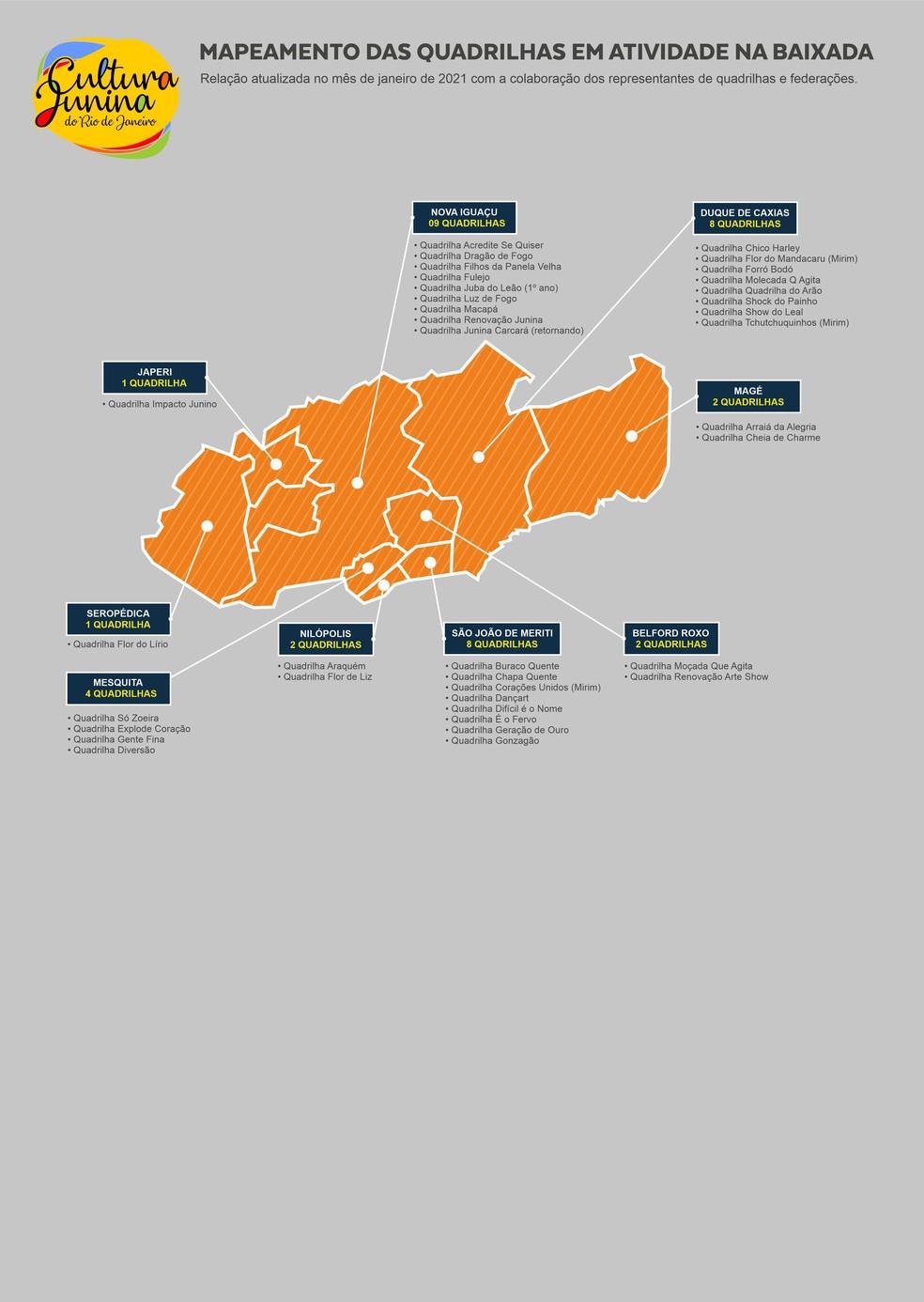 Mapa do projeto Cultura Junina indica quadrilhas da Baixada Fluminense — Foto: Mapa do projeto Cultura Junina indica quadrilhas da Baixada Fluminense