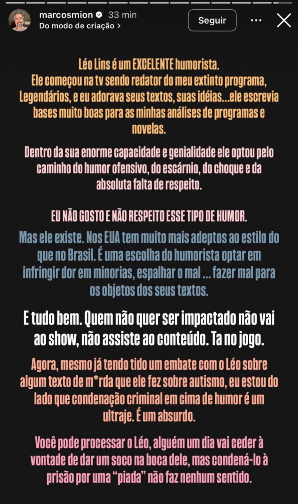 Marcos Mion critica condena&ccedil;&atilde;o do humorista Leo Lins por piadas e &eacute; detonado na web &mdash; Foto: Instagram