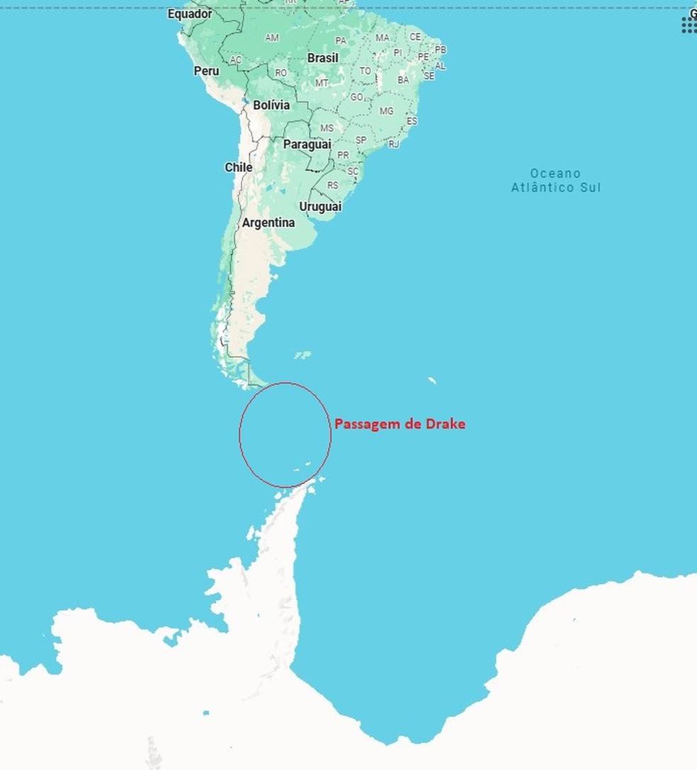 A Passagem de Drake fica entre a América do Sul e a Antártica — Foto: Reprodução/Google Maps
