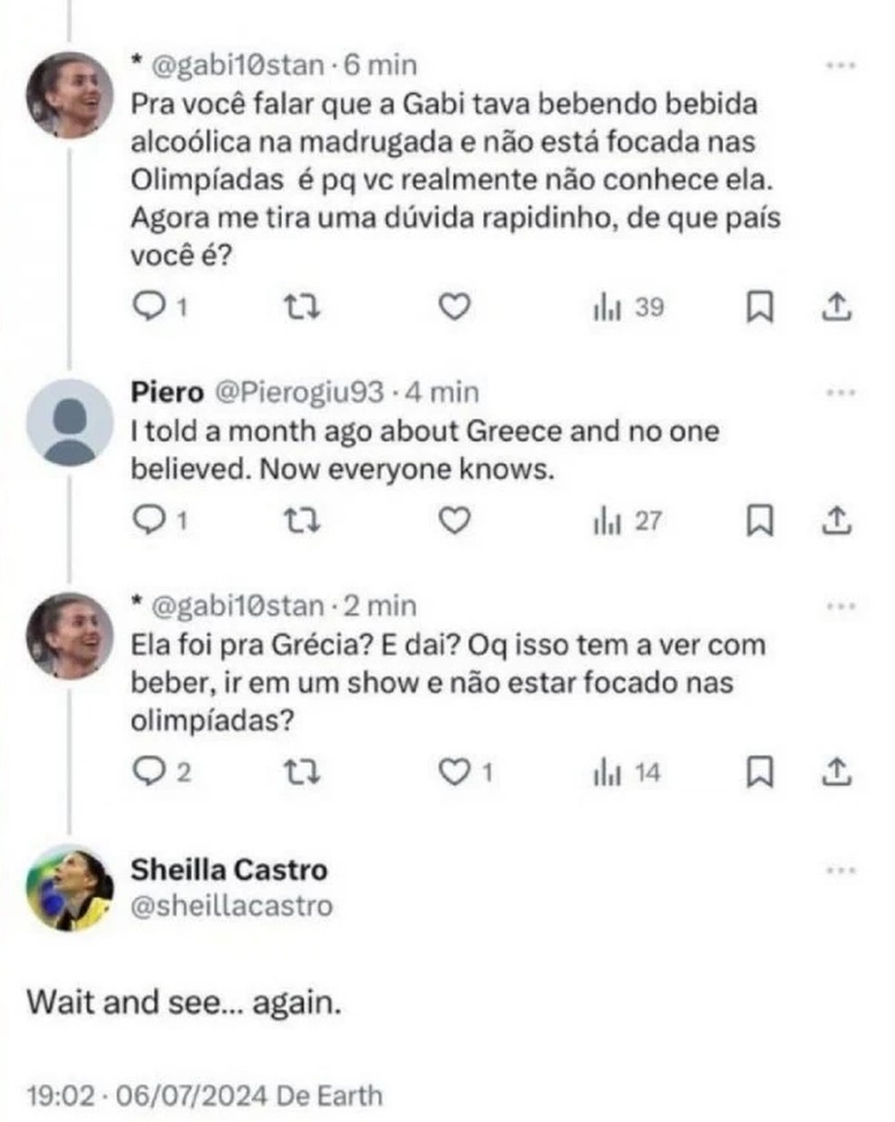 Sheilla comenta no X com sua conta pessoal e é acusada de criar perfil fake para atacar Gabi Guimarães — Foto: Reprodução/X