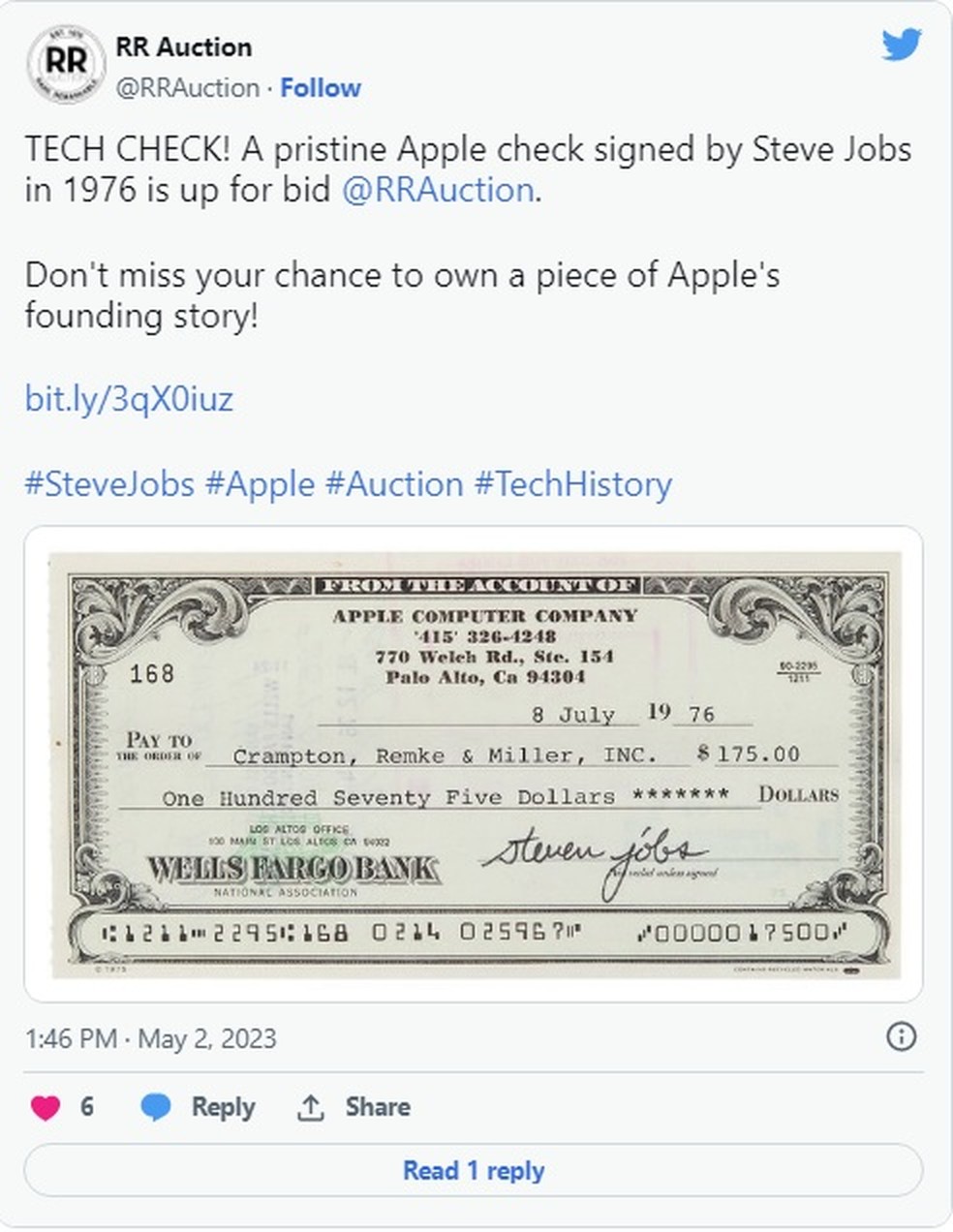 Cheque assinado por Steve Jobs vai a leilão nos EUA