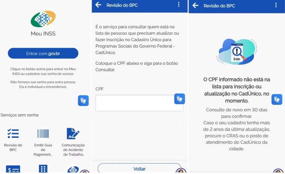 N&atilde;o &eacute; preciso fazer login no Meu INSS. Basta ir em revis&atilde;o do BPC e digitar o CPF &mdash; Foto: Reprodu&ccedil;&atilde;o
