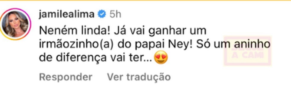 Comentário feito pelo perfil de Jamile em uma página, que gerou os rumores de um possível terceiro filho de Neymar — Foto: Reprodução