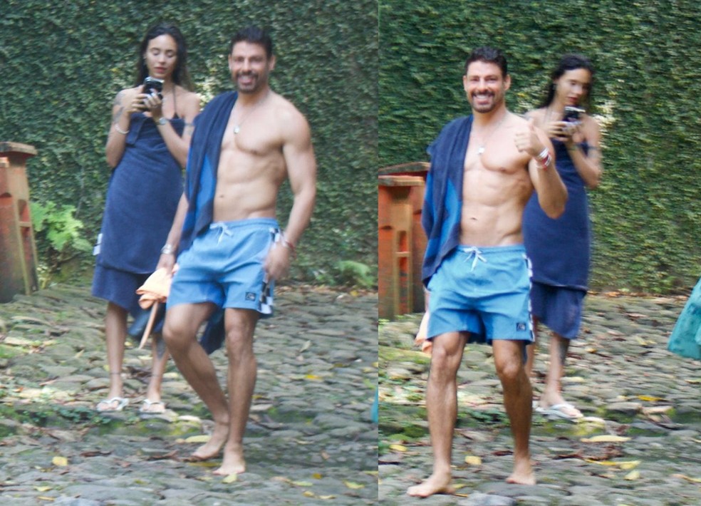 Cau� Reymond e a ex-namorada, a modelo Luana Mandarino, foram flagrados saindo da cachoeira da Pedra da G�vea, na Zona Sul do Rio � Foto: Sandro Cardozo