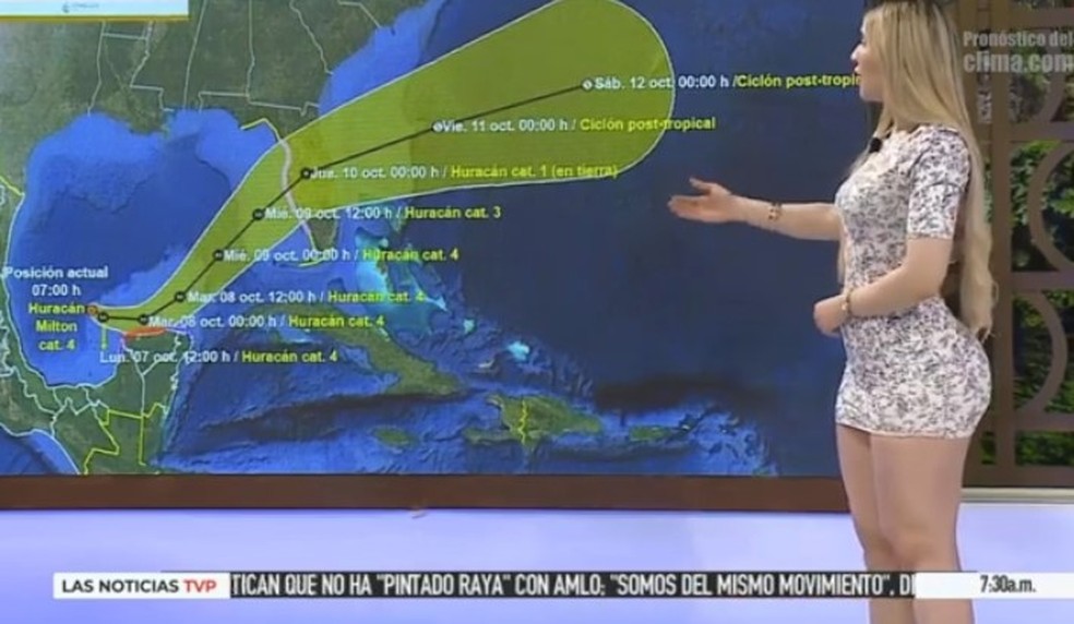 Marisol Dovala no noticiário meteorológico do furacão Milton em TV no México — Foto: Reprodução/YouTube