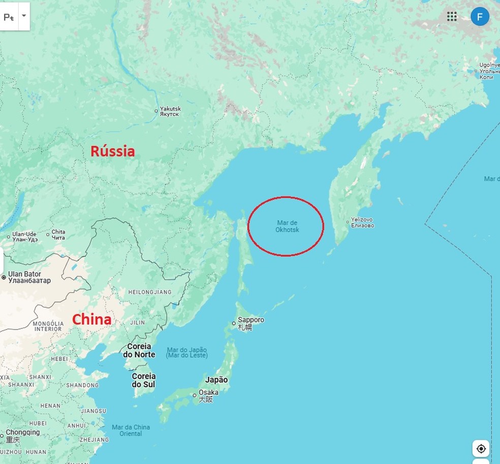 Localiza&ccedil;&atilde;o do Mar de Okhotsk &mdash; Foto: Reprodu&ccedil;&atilde;o/Google Maps