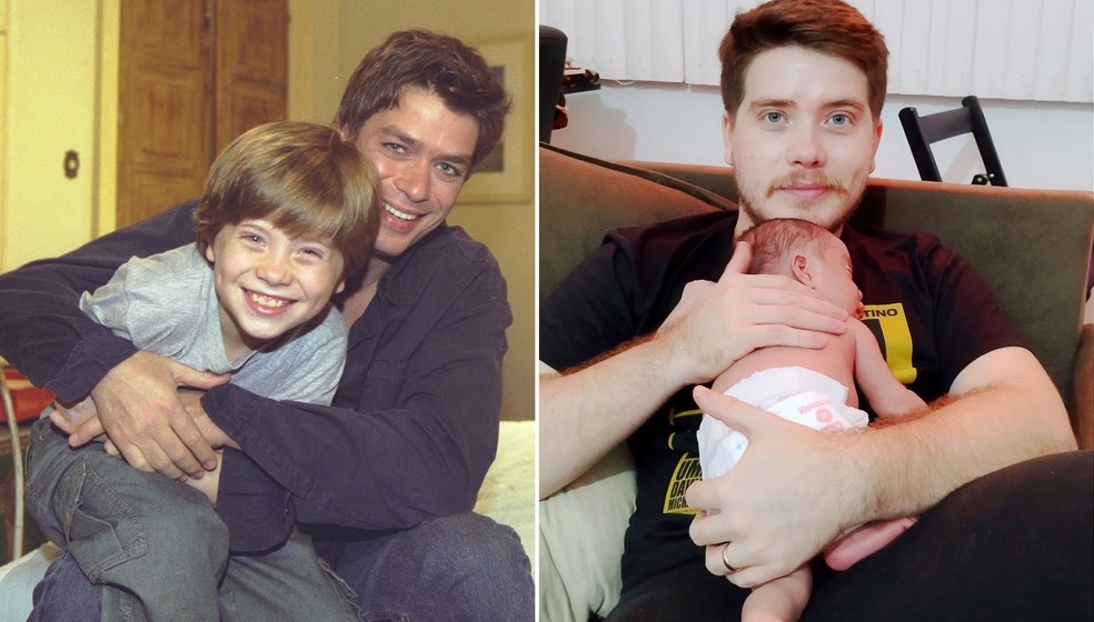 Ex-ator mirim, Pedro Malta posa com o filho recém-nascido — Foto: Arquivo/TV Globo e Reprodução/Instagram