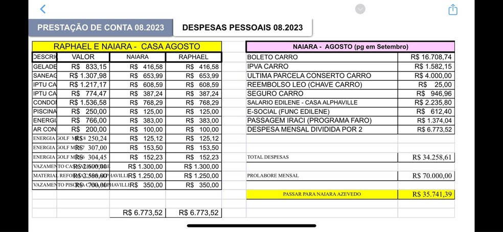 Prestação de contas de Naiara Azevedo — Foto: Arquivo pessoal