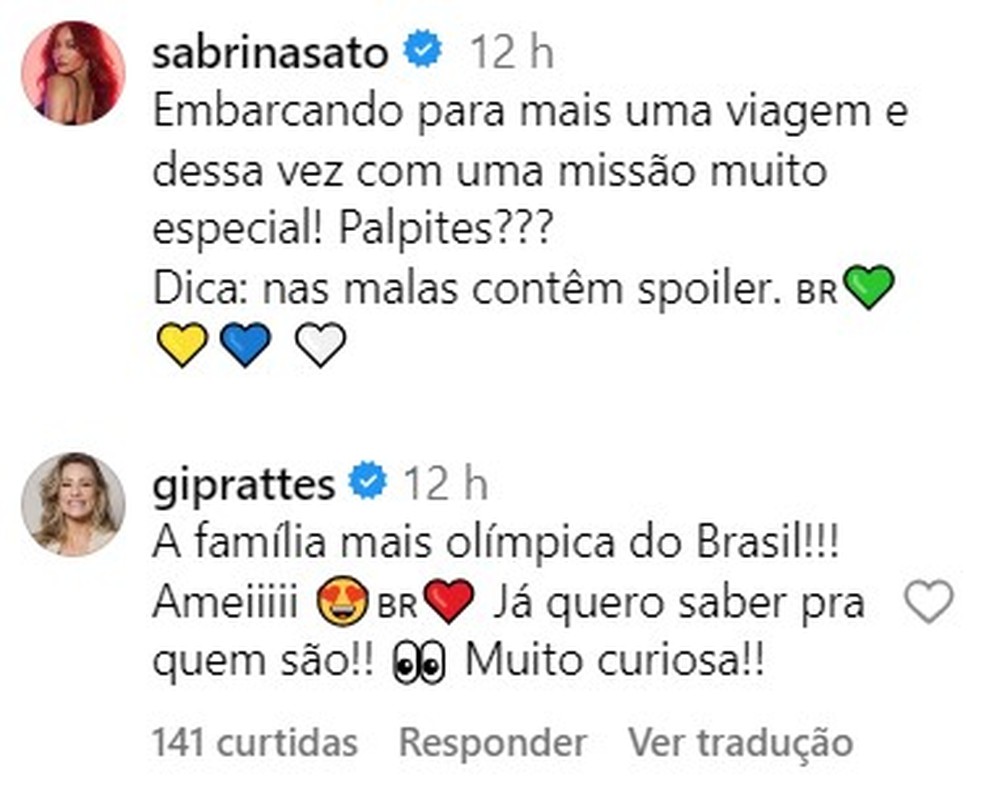 Interação entre Sabrina Sato de Giselle de Prattes — Foto: Reprodução/Instagram