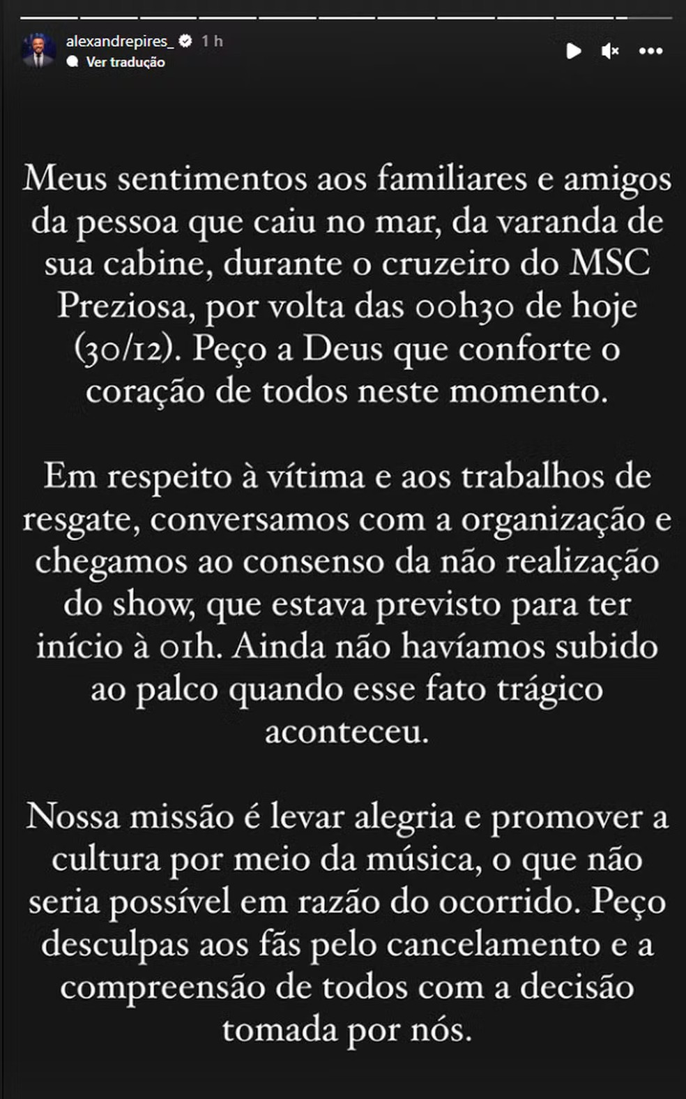 Perfil de Alexandre Pires publica no Instagram sobre acidente em navio — Foto: Reprodução/Instagram