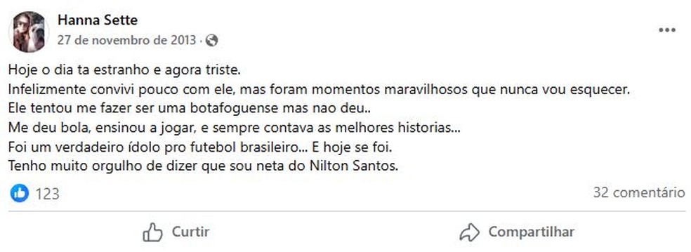 Na data da morte do avô, Nilton Santos, Hanna Santos postou que ele tentou fazê-la virar botafoguense, mas não conseguiu — Foto: reprodução