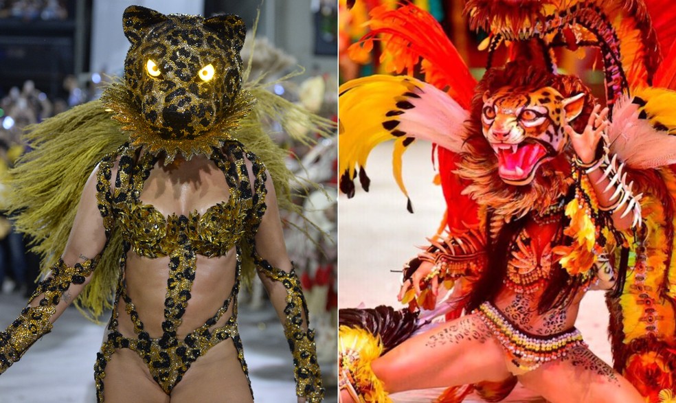 Paolla Oliveira na Grande Rio e Isabelle, do "BBB 24", como onça: uma na Sapucaí, a outra em Parintins — Foto: Fotos de Hermes de Paula e Reprodução