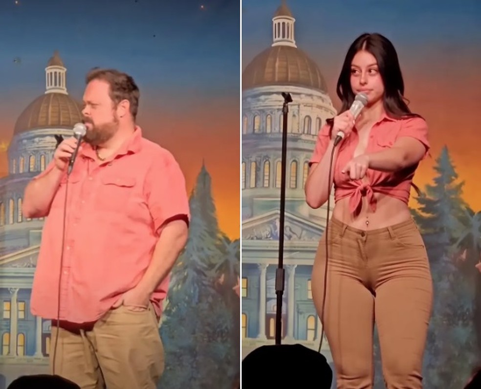 Humorista George Brett Olson foi copiado em tudo pela comediante de IA Tiffany Sloane: roupa, cenário e piada — Foto: Reprodução/Instagram