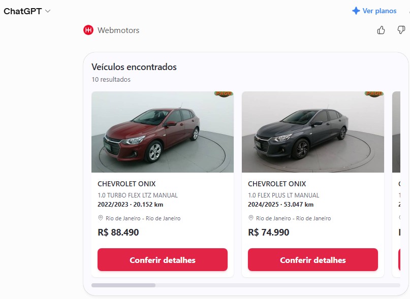 ChatGPT inclui em sua busca catálogos de carros da Webmotors; saiba como funciona