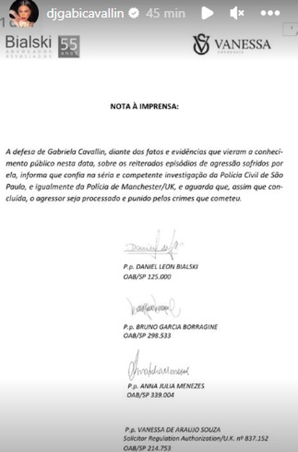 Gabi Cavallin emite nova nota sobre investigação de agressão em que acusa o jogador Antony — Foto: Reprodução