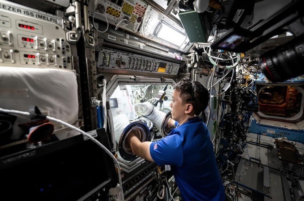Astronauta da Nasa e engenheiro de voo da Expedição 73, Jonny Kim, realiza operações de pesquisa dentro da caixa de luvas de microgravidade para ciências da vida do módulo Destiny — Foto: Divulgação/Nasa