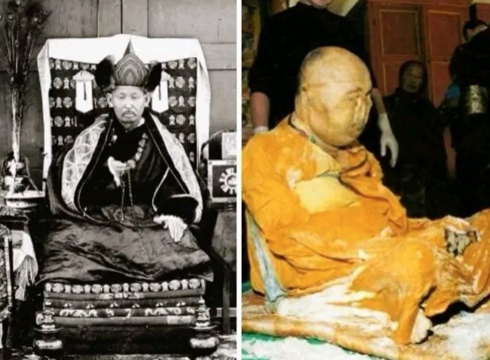Monge budista antes e depois da mumificação no Japão — Foto: Reprodução/X