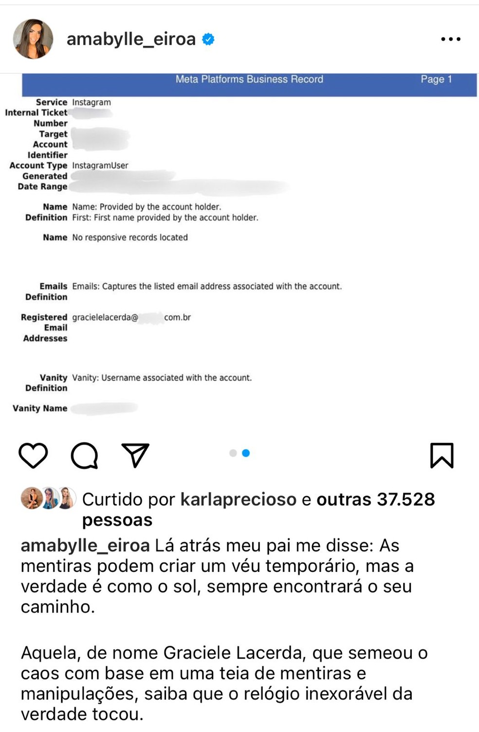 A prova: nora de Zezé expõe fake de Graciele Lacerda — Foto: Instagram