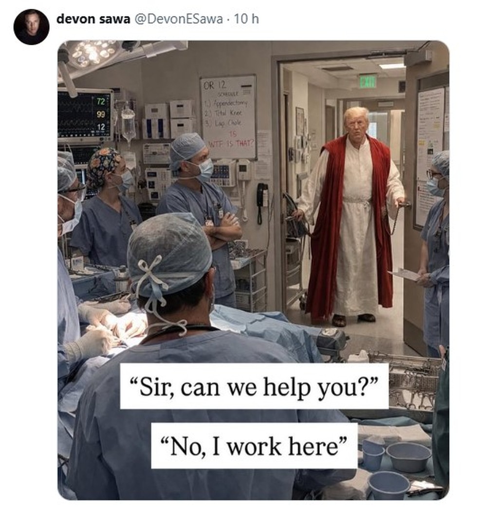 Médico: 'Senhor, posso ajudá-lo?'; Trump: 'Não, eu trabalho aqui' — Foto: Reprodução/X