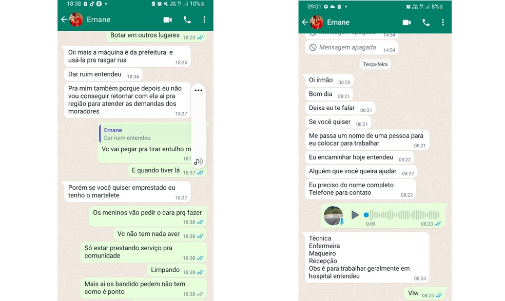 Troca de mensagens entre o vereador Ernane Aleixo (PL), de São João de Meriti e uma pessoa em que ele ofereceumaterial e suporte para construções de barricadas, além de ter negociado vagas de nomeação em troca de apoio político — Foto: Reprodução