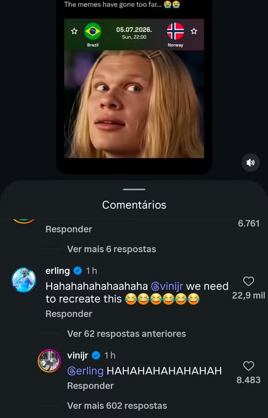 Haaland e Vini Jr interagem em comentários de meme viral com cena de As Branquelas: 'precisamos recriar isso'