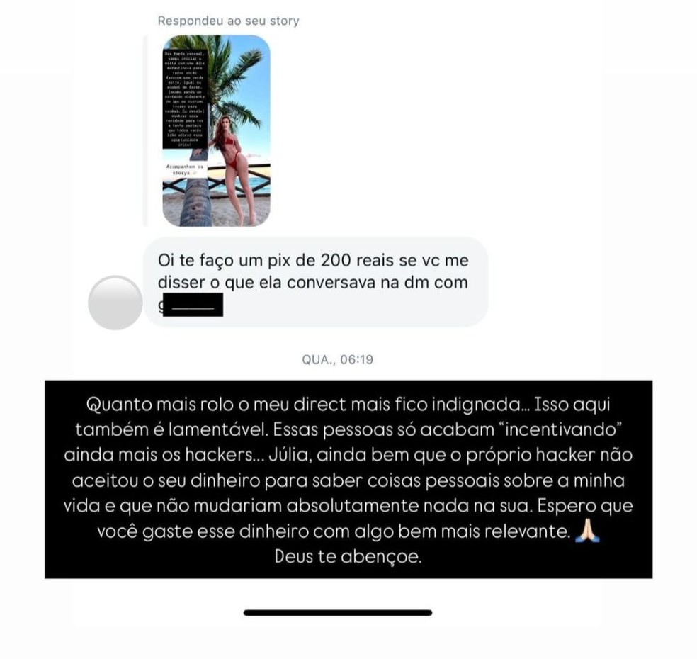 Seguidora tenta comprar conversas de Thaisa Carvalho com Gabigol após influenciadora ter sido hackeada — Foto: Reprodução/Instagram