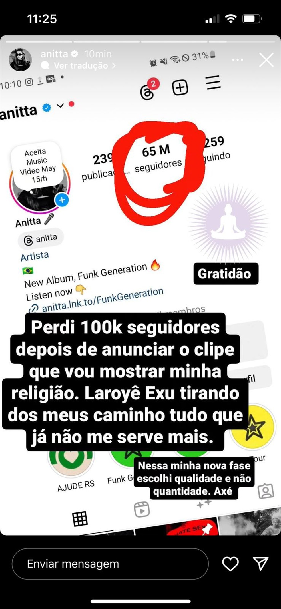 Anitta perde mais de 100 mil seguidores após anunciar clipe exaltando sua religião — Foto: Reprodução/Instagram