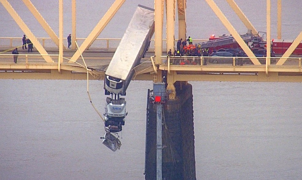 Caminhão ficou pendurado na Clark Memorial Bridge, em Louisville (Kentucky, EUA) — Foto: Reprodução/X