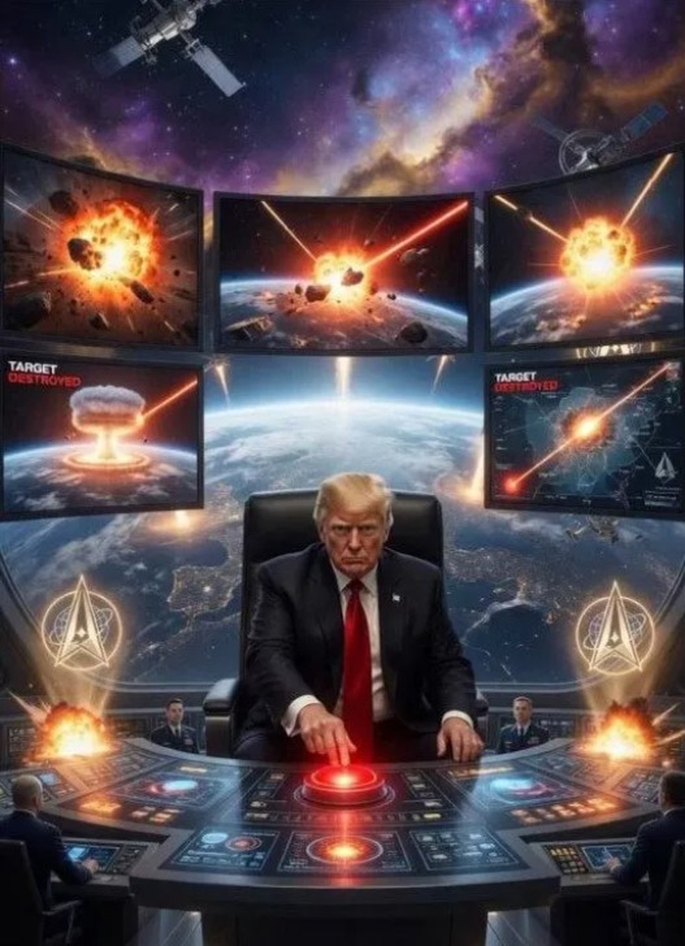 IA: Trump no espa&ccedil;o apertando 'bot&atilde;o vermelho' &mdash; Foto: Reprodu&ccedil;&atilde;o/Truth Social