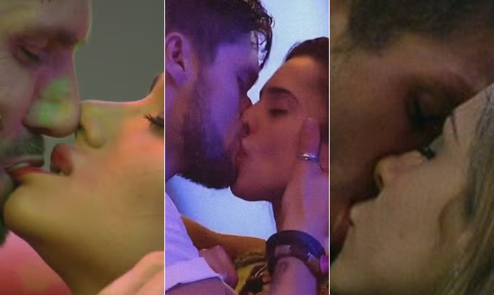 Jonas, do "BBB 26", Breno, do "BBB 18", e Renata, do "BBB 12", igualam recorde de beijos no programa — Foto: Reprodução/TV Globo
