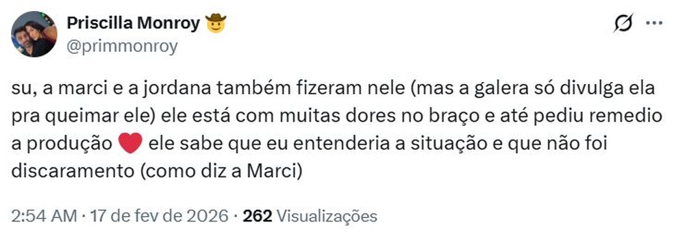 Mulher de Alberto Cowboy reage a massagem de Gabriela no ‘BBB 26’ e defende o marido: ‘Sabe que eu entenderia’ — Foto: reprodução