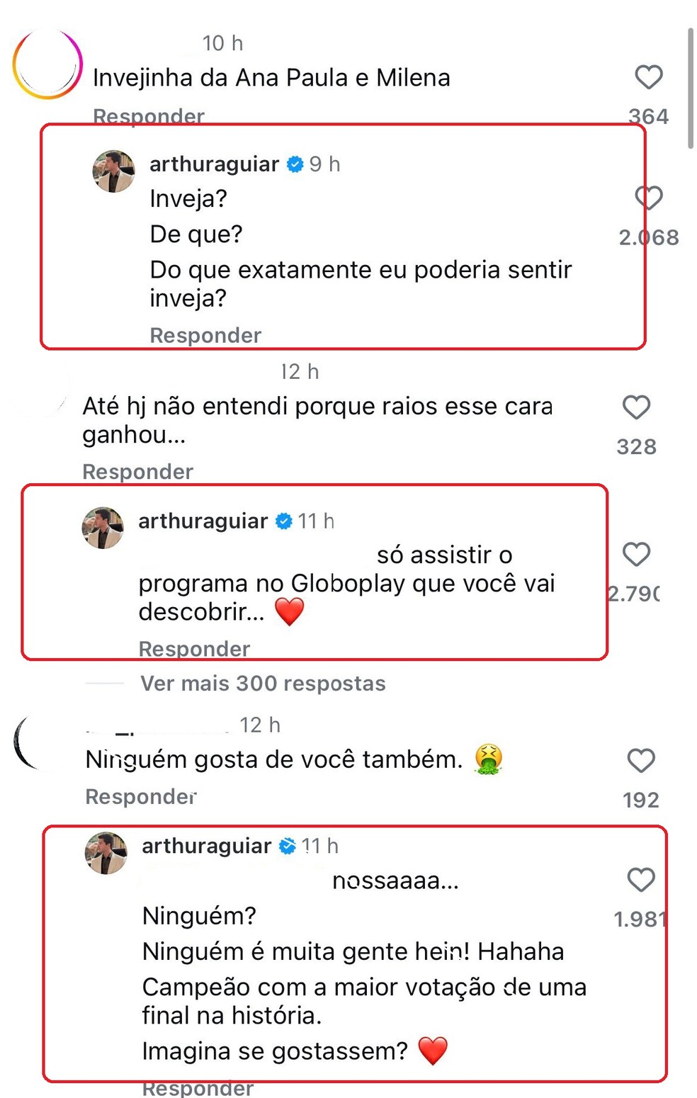 Arthur Aguiar bate boca na web com f&atilde;s de Ana Paula e Milena, do 'BBB 26' &mdash; Foto: Reprodu&ccedil;&atilde;o/Instagram