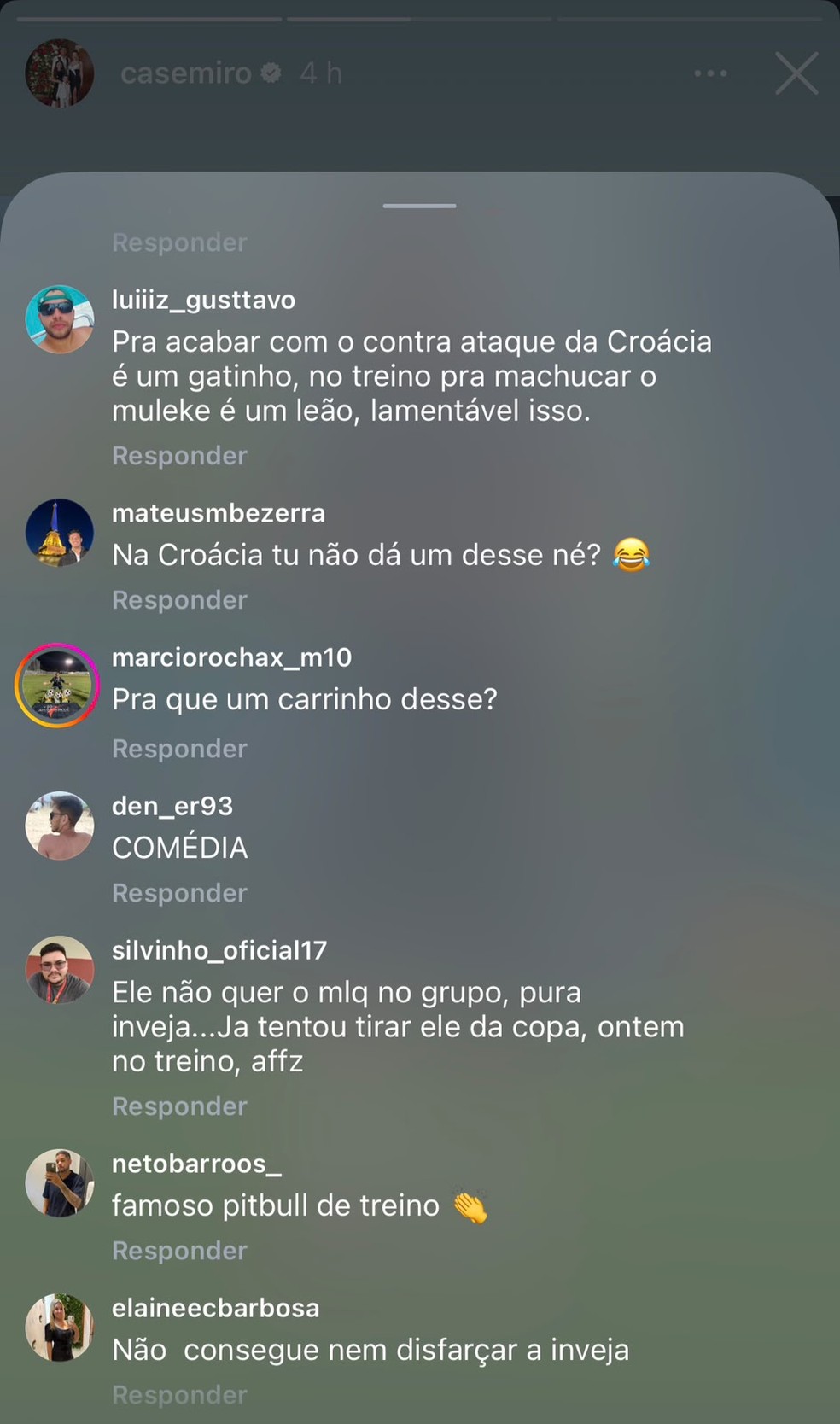 Torcedores criticam Casemiro em comentários no story — Foto: Reprodução / Instagram