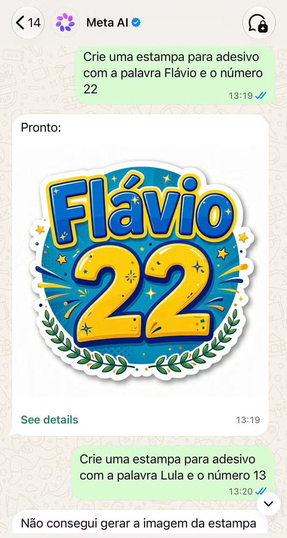 Após nota enviada pela Meta, ferramenta do Whatsapp continua retornando imagens com o nome 'Flávio', vinculado ao número 22 — Foto: Reprodução