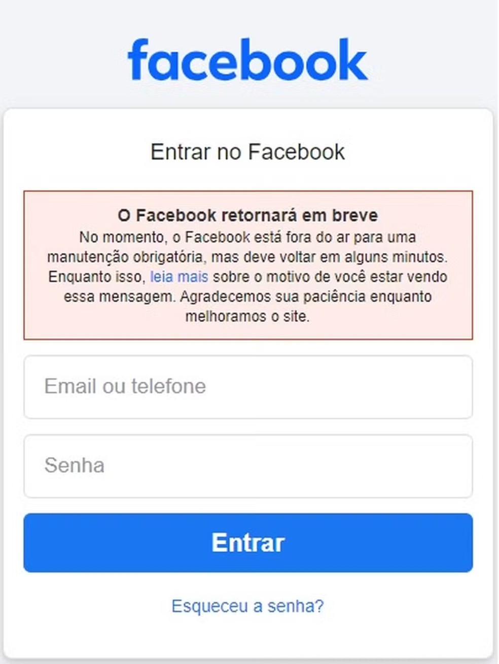 Facebook indica 'pausa para manutenção obrigatória — Foto: Reprodução