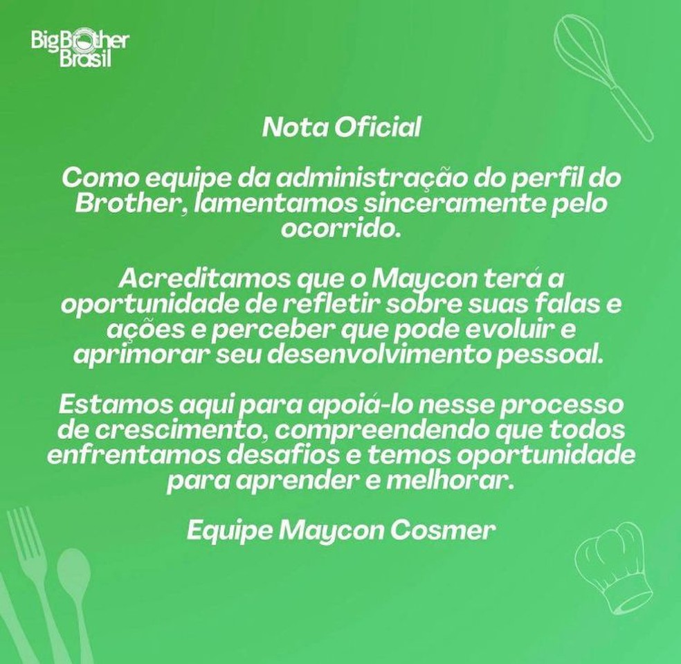 Nota da equipe — Foto: Reprodução