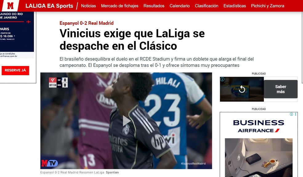 Para o Jornal Marca, Vinícius Júnior atrasou a definição de título da La Liga para o clássico de domingo, contra o Barcelona — Foto: Reprodução