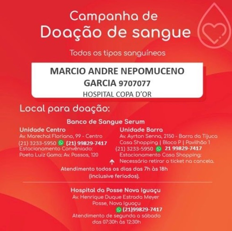 Pontos de doação de sangue para MC Marcinho — Foto: Reprodução