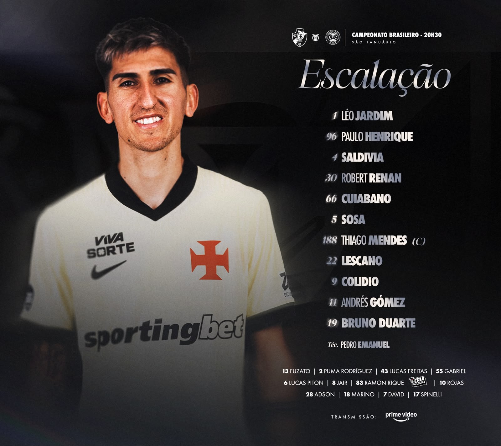 Com Lescano titular, Vasco divulga escalação para duelo com Coritiba, em São Januário, pelo Brasileiro