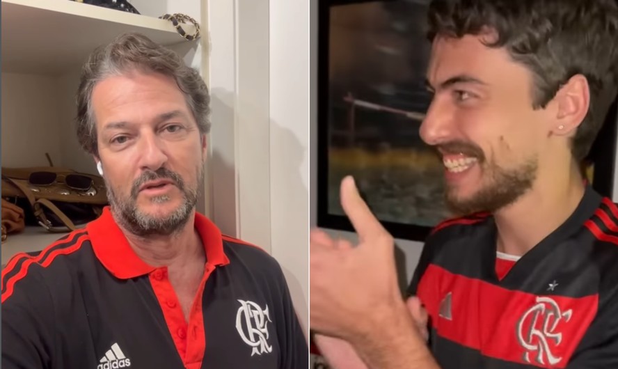 Atores Marcelo Serrado e Jaffar Bambirra torcedores do Flamengo