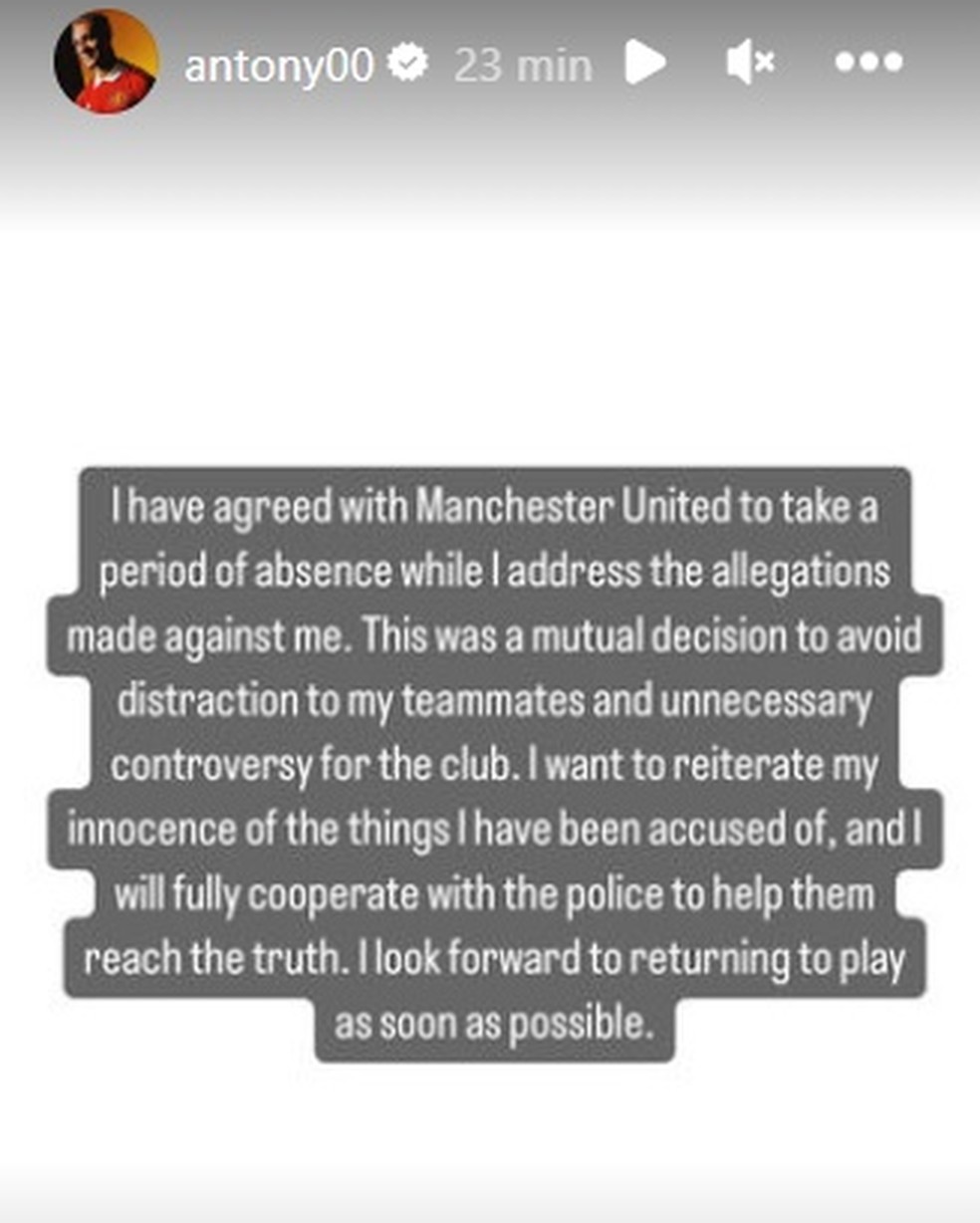 Declara&ccedil;&atilde;o de Antony sobre o adiamento de sua volta a treinos no Manchester United &mdash; Foto: Reprodu&ccedil;&atilde;o