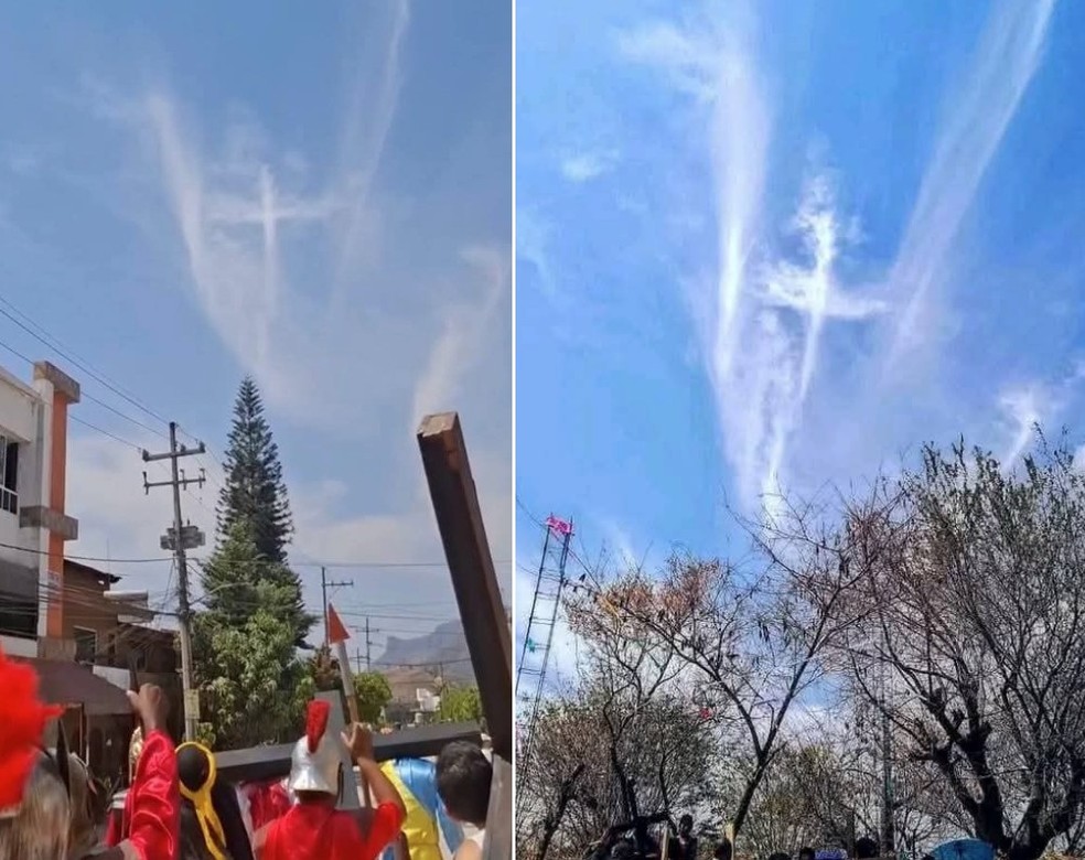 Desenho de cruz em nuvens em cidade no México é registrado durante encenação da Vai-Crúcis — Foto: Reprodução/X
