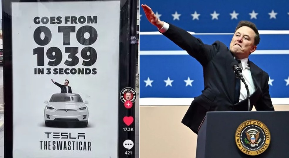Swasticar: Elon Musk é alvo de campanha em Londres — Foto: Reprodução/X; AFP