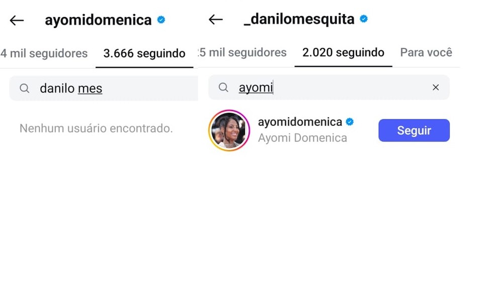 Ayomi Domenica dá unfollow no ex Danilo Mesquita — Foto: reprodução/ instagram