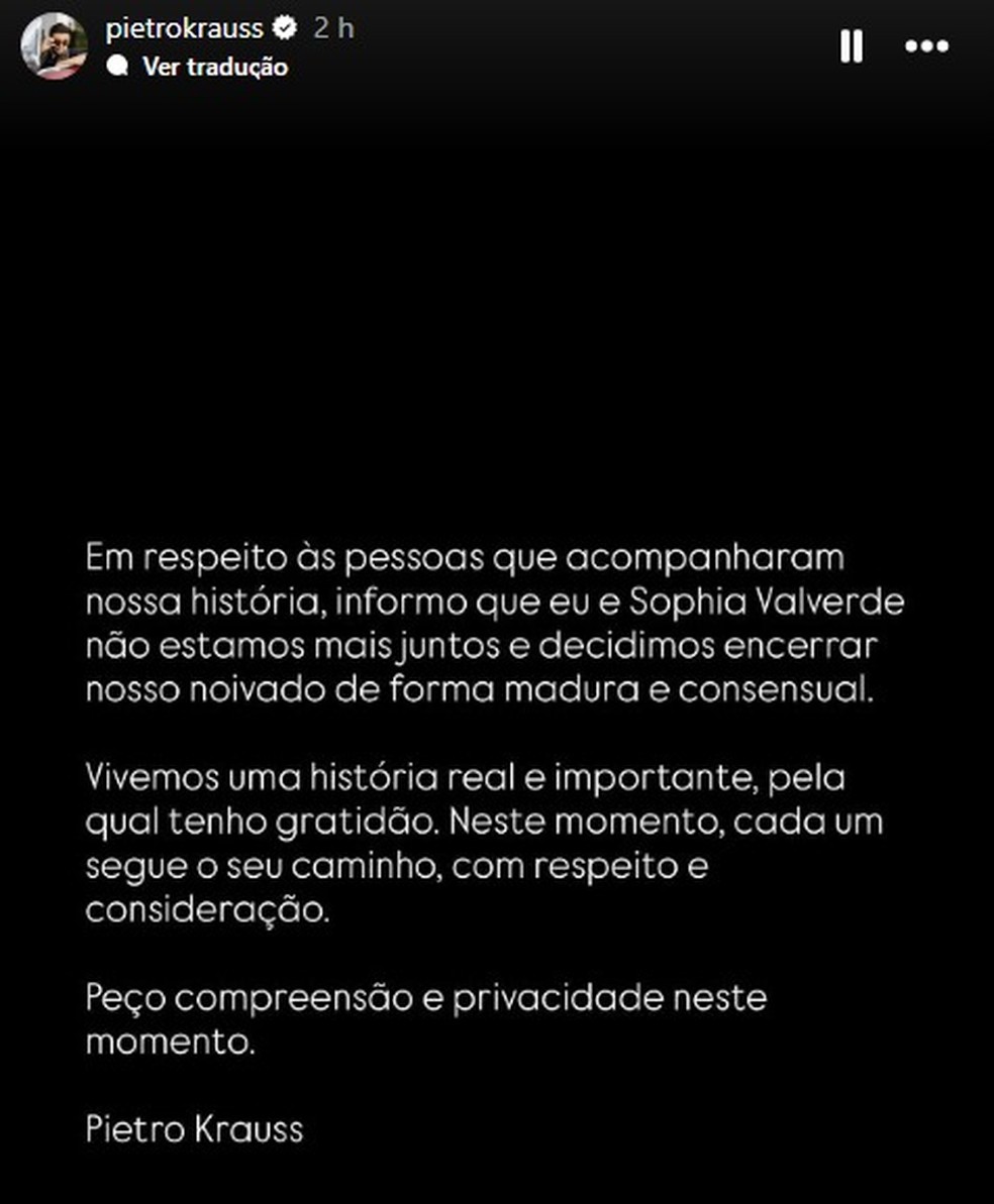 Pietro Krauss anuncia fim do relacionamento com Sophia Valverde — Foto: Reprodução / Instagram