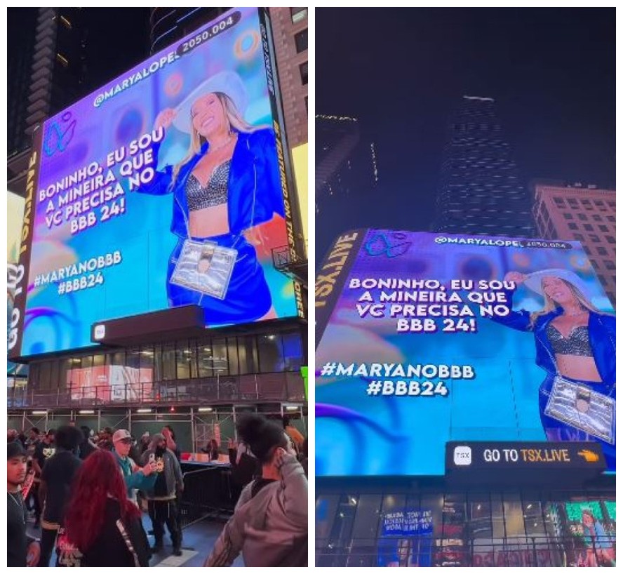 Mineira Marya Lopes aluga telão na Times Square para pedir vaga no 'BBB 24'